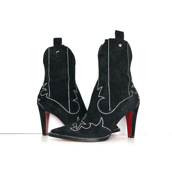 Christian Louboutin Santigag Strass 85 Black Suede Western Style Low Boots 38 - Picture 3 of 12